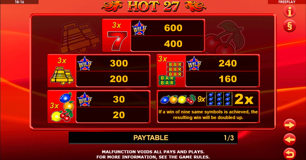 Hot 27 Symbols & Paytable